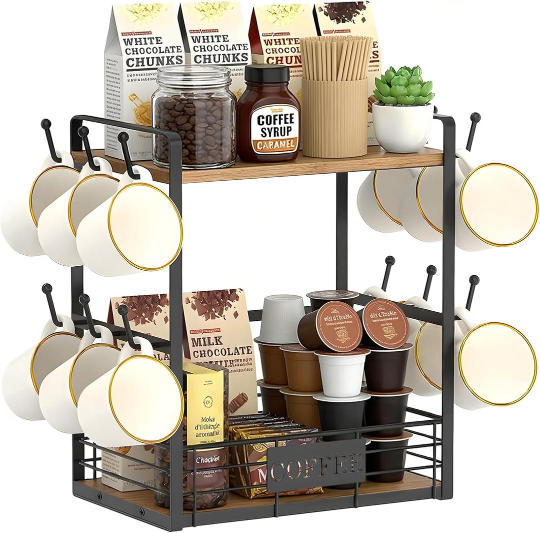 Coffee Mug Rack with 12 Hooks, 2-Tier Coffee Cup Holder with Shelf and Storage Basket, Kitchen Mug Organizer for Bar Kitchen Dco