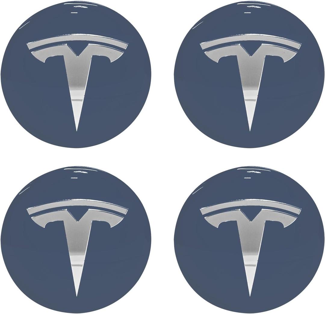 4 Pack Aluminum Waterproof Wheel Cover Center Emblem Sticker for Tesla Model 3 Model Y 56mm Hubcaps Wheel Rim Cover (Dusty Blue Background+Silver)