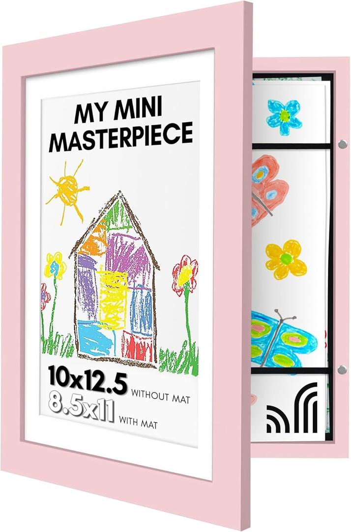 Americanflat 10x12.5 Kids Art Frame - Front Loading Picture Frame - Use as 8.5x11 Frame with Mat or 10x12.5 Frame Without Mat - My Mini Masterpiece - Holds 100 Artworks - Light Pink