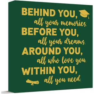 2026 Graduation Wood Box Sign for Graduate Gifts, Positive Quote Behind You All Your Memories Wooden Box Block Sign for Grad Party Favors Supplies Tabletop Home, Green and Gold