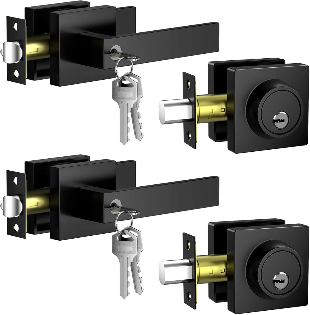 Keyed Alike Exterior Door Lock Set 2 Pack(Same Keys), Exterior Door Handle with Single Cylinder Deadbolt, Front Door Lock Set, Entry Door Lock Set, Zinc Alloy Outdoor Door Handles, Matte Black
