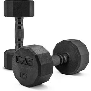 CAP 15lb Rubber Coated 12-Sided Dumbbell, Black Grip, Free Weights, Pair