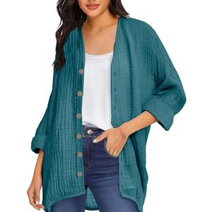 Womens Open Front Cardigan Shirt Soft Cotton Linen 3/4 Sleeve Lightweight Coat Casual Solid Color Button Loose Tops Size S