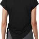 Remidoo Women's Side Drawstring Asymmetrical Hem T Shirt Short Sleeve V Neck Workout Tops (Large, Black)