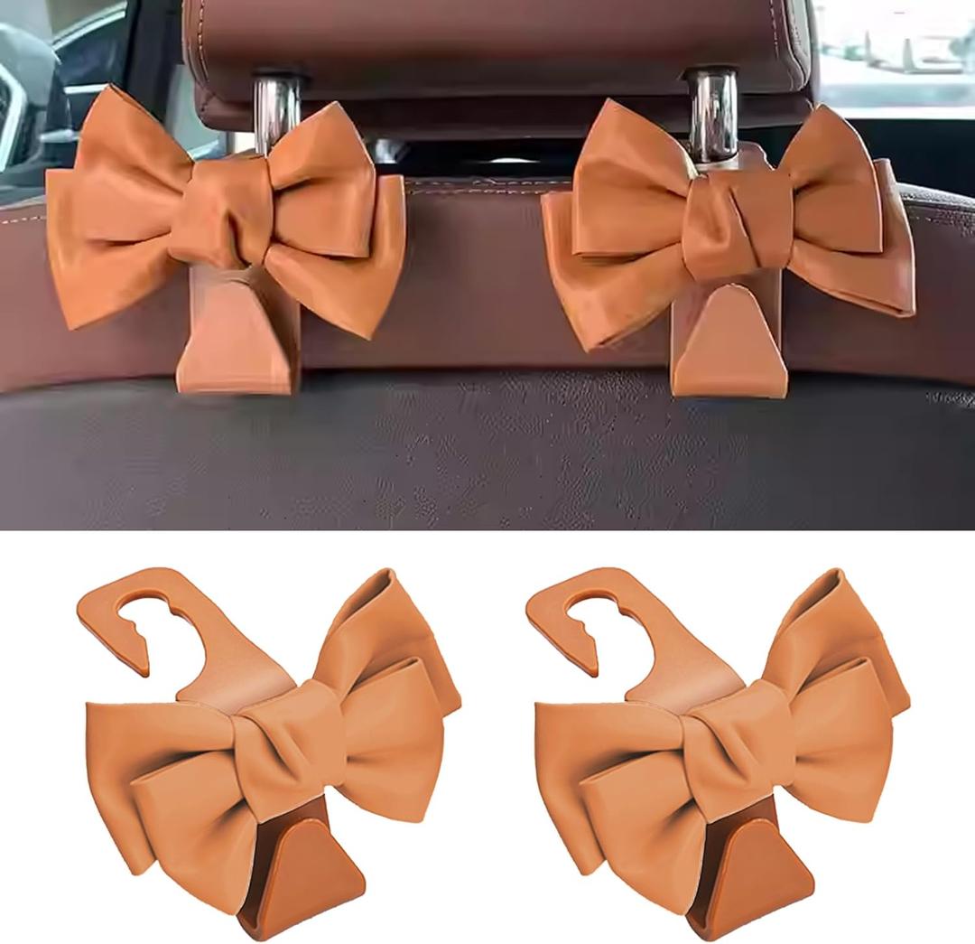 2 PCS Car Seat Headrest Hooks, Cute Bow Shaped Vehicle Backseat Storage Hooks, Leather Bow Shaped Sturdy Car Seat Back Hooks for Purses/Coats, Car Accessories (Brown)
