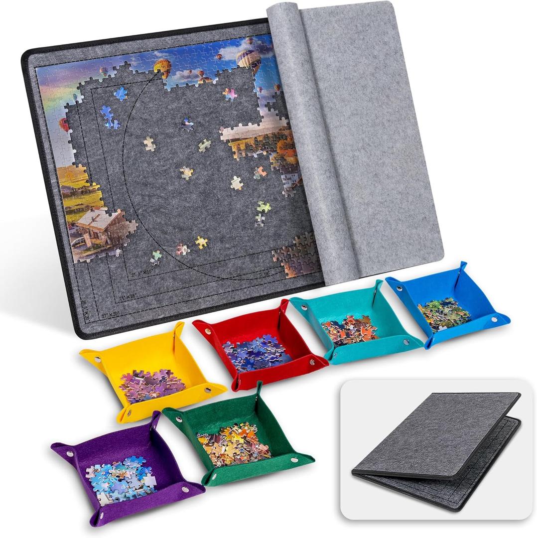 Becko US 1000 Piece Jigsaw Puzzle Board with 6 Sorting Trays & Felt Cover, Foldable Puzzle Mat with Auxiliary Lines for Puzzle Storage Saver, Lightweight & Portable, for 1000 Pieces Jigsaws Puzzles