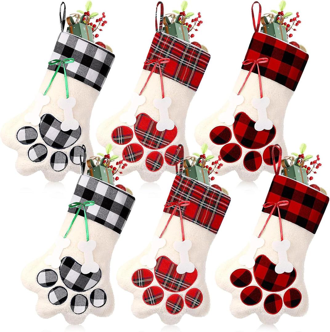 Realspring 6 Pcs Large Christmas Paw Stockings for Dog Cat Pet Christmas Hanging Stocking with Bone Pattern Tags for Puppy Xmas Gifts Party Fireplace Tree Decoration