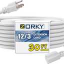 30ft Indoor Outdoor Extension Cord - 12/3 SJTW Heavy Duty Extension Cable with 3 Prong Grounded Plug for Safety -15Amp 1875W White Electric Cord Great for Garden, Appliances