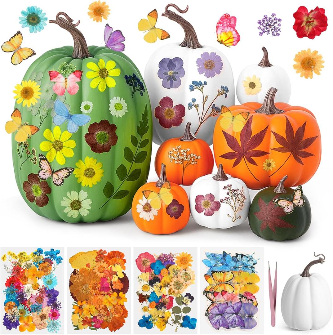 8 Pcs Artificial Pumpkins Fall Decor with 150 Pcs Dried Flower Butterfly Stickers & 1 Handy Tweezer DIY Craft Pumpkin for Thanksgiving Table Centerpiece Mantel Shelf (Orange White Green)