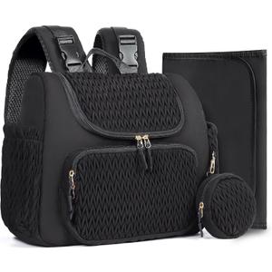 Geestock Diaper Bag Backpack, Multifunction Quilted Baby Diaper Bag with Changing Pad, Pacifier Case & Stroller Straps, Parents Essentials, Black