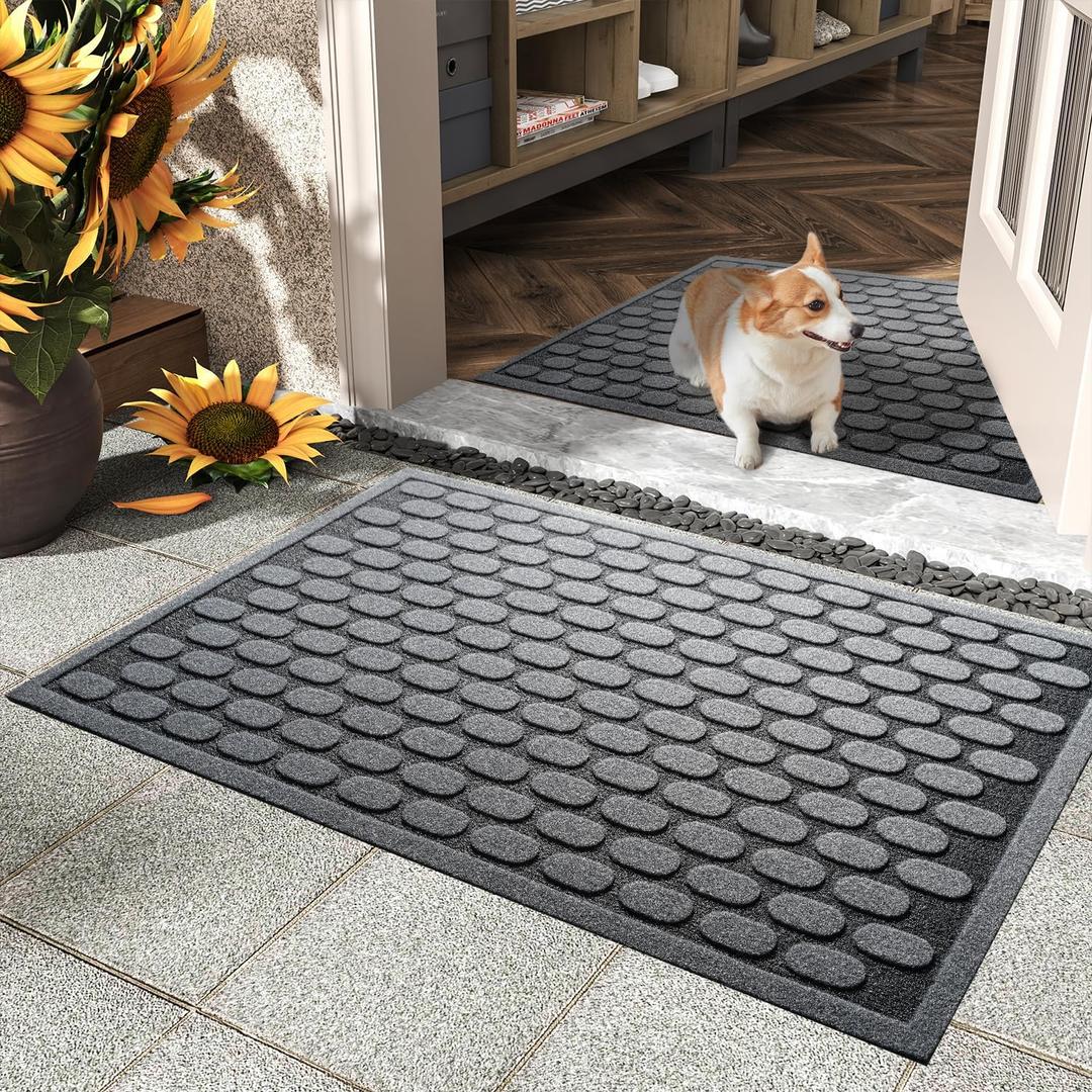 AMOAMI-Door Mat Outdoor Indoor Entrance-Front Door Mat Durable Rubber Backed Non Slip Absorbent Indoor Outdoor Doormat for Outside Inside Entry Entryway-Dirt Trapper Welcome Mat-Grey 17"x30" (Oval Grey)