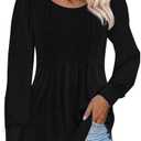Womens Puff Long Sleeve Tunic Tops Pleated Scoop Neck Shirts Slim Fitted Elastic Business Casual Blouses (M)