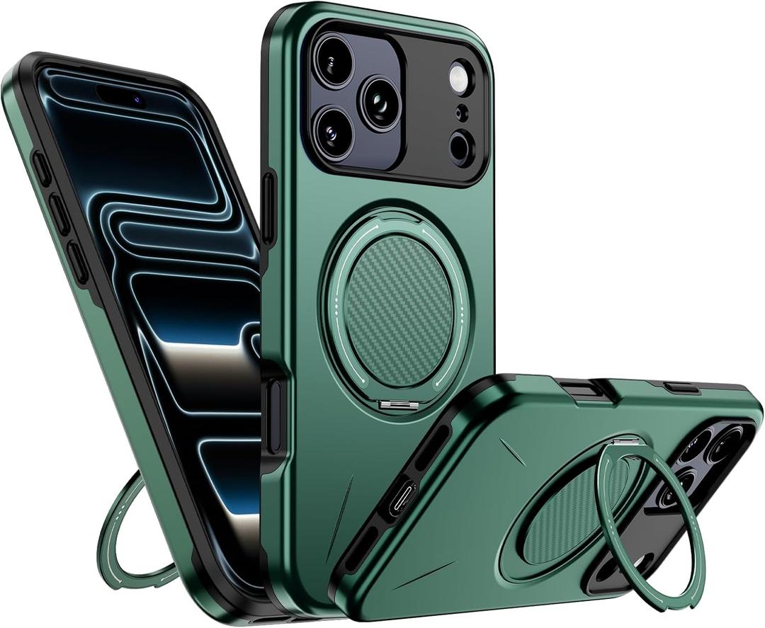 PELEPUES for iPhone 17 Pro Case Magnetic, Military Grade Shockproof Phone Case Cover with 360 Rotatable Metal Ring Stand Kickstand [Compatible with MagSafe] for iPhone 17 Pro, Green