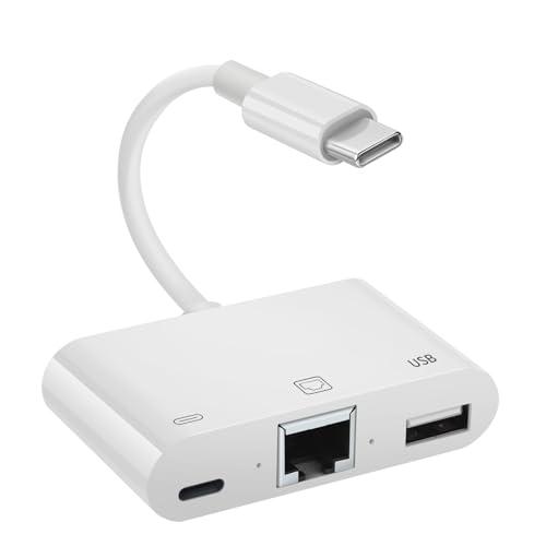 Enbiawit Type C to RJ45 Ethernet Adapter Network Adapter, with Charge Port and USB Port Support USB Flash Drive/Keyboard/Mouse/Came, Plug and Play,Supports 100Mbps Ethernet Network