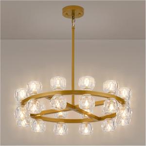 24 Inch Gold Crystal Wagon Wheel Chandelier, Modern Farmhouse Round 24-Lights Pendant Lighting Fixture, for High Ceilings Living Room, Bedroom, Foyer