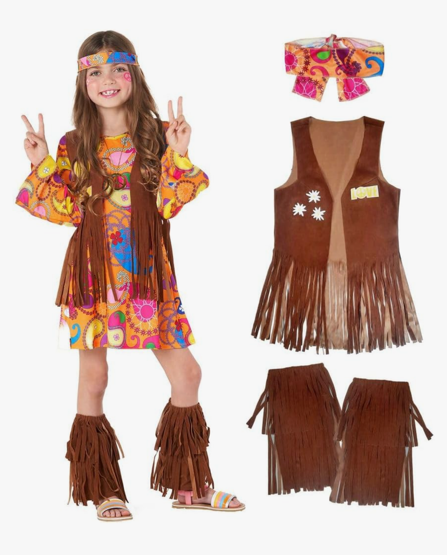 Morph 70s Outfits For Girls, Girl Hippie Costume, 60s Outfits For Girls, Hippie Costume For Kids, Kid Disco Outfit Large