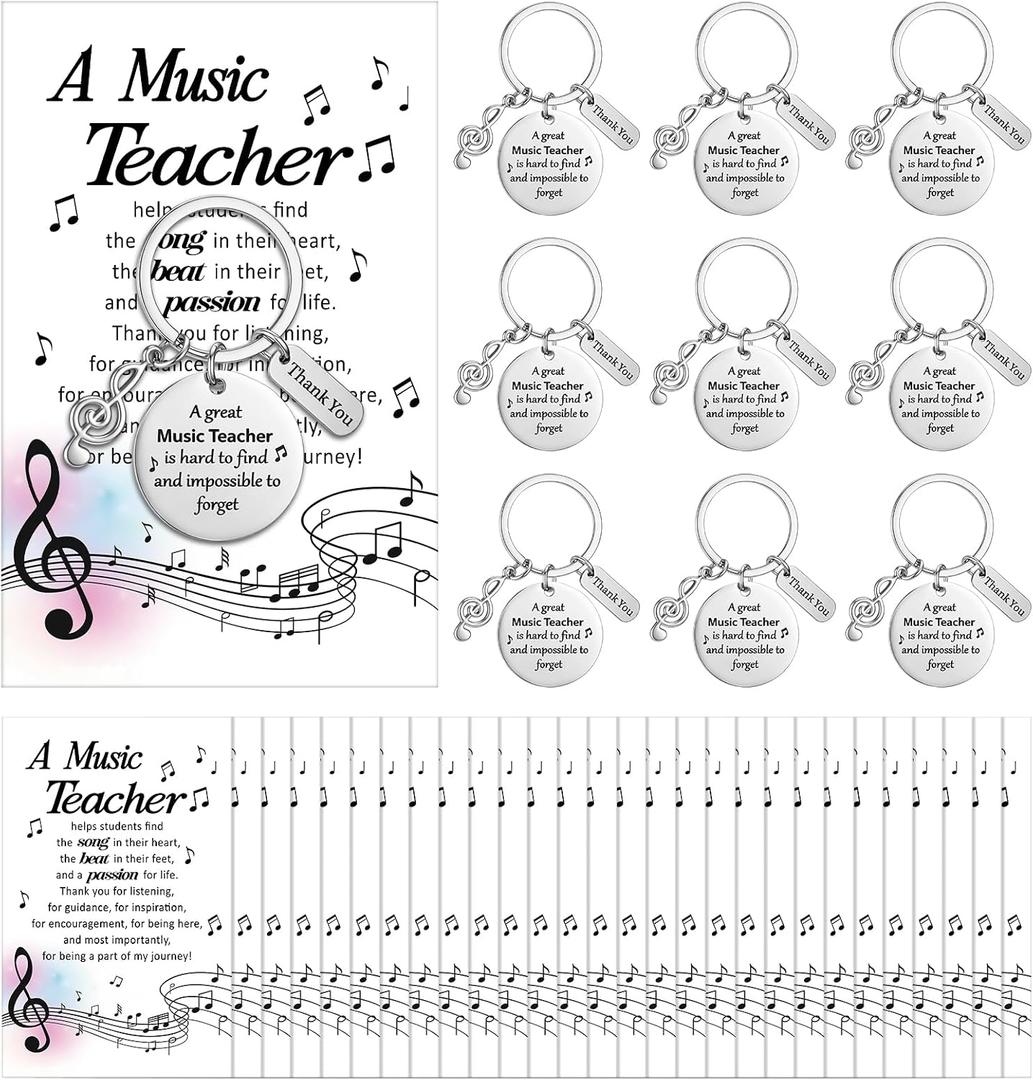 2 x 24 Sets Music Teacher Appreciation Gifts Music Keychain Gifts Bulk Thank You Musical Teachers Cards with Keyring for Women Men Teachers Musical Lovers Party Supplies