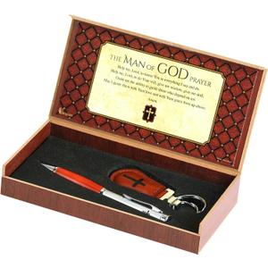 Man of God Prayer Natural Brown 7.5 x 4 Metal Pen and Key Chain Boxed Gift Set