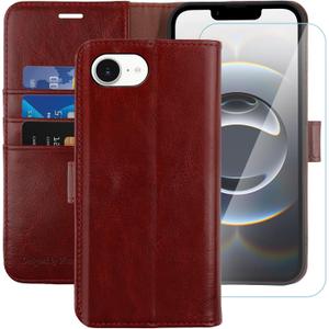 MONASAY Wallet Case Compatible for iPhone 16E 5G,6.1-inch, [Glass Screen Protector] Flip Folio Leather Cell Phone Cover with Credit Card Holder, Burgundy