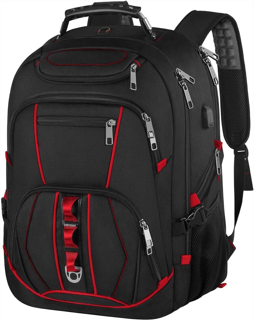 Laptop Backpack, Red, 55L Capacity, TSA Approved, RFID Anti-Theft, USB Charging Port, Headphone Hole, Back Luggage Strap, Chest Strap, Laptop Backpack