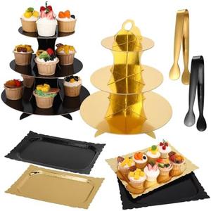 Willinglong 8 Pcs Dessert Table Display Set with 2 x 3-Tier Cardboard Cupcake Stand Tower 4 x Rectangle Serving Trays 2 x Serving Tongs for Wedding Bridal Shower Birthday Party Favors(Gold,Black)