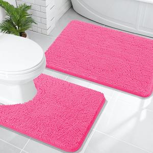 OLANLY Bathroom Rugs Sets 2 Piece, Soft Absorbent Chenille Bath Mats and U-Shaped Contour Toilet Mat Area Rug Set, Machine Washable Bath Carpet, Home Decor Accessories (30" x 20" + 24" x 20", Hot Pink)