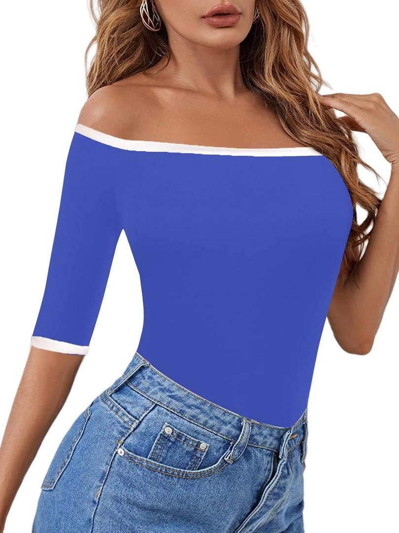 LilyCoco Womens Off The Shoulder Tops Half Sleeve Boatneck Tee Plain Fitted T Shirt White X-Large (Blue, XL)