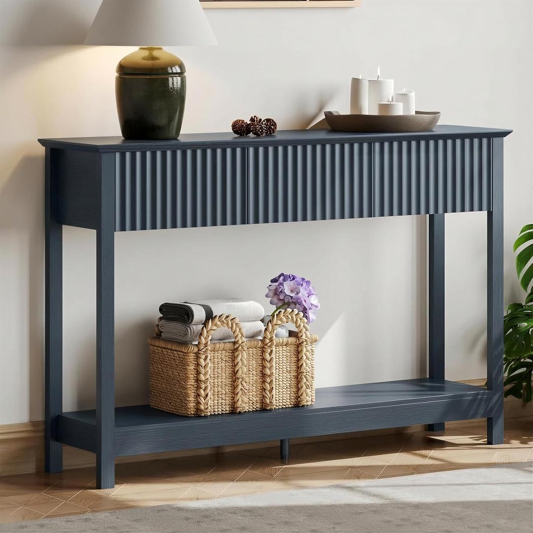 Treocho 47" Fluted Console Table with 3 Drawers, Narrow Long Entryway Table with Storage and Shelf, 2-Tier Sofa Table Behind Couch Accent Tables for Entrance Foyer, Hallway, Living Room, Blue