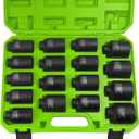 SUNHZMCKP 1/2" Drive Deep Impact Socket Set 17-Piece, Spindle 6 Point Axle Nut Sockets Set, Standard SAE (1-1/4-Inch to 1-3/4-Inch) and Metric (29mm - 38mm) Large Socket, CR-MO, Impact Grade
