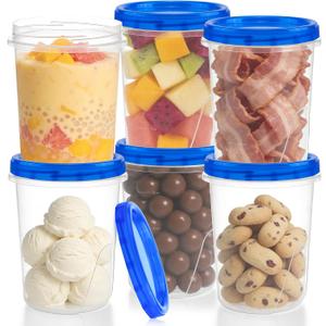 6 Pack Freezer Containers with Screw On Lids 32 Oz | Stackable Reusable Plastic Storage Container, Airtight Plastic Food Storage Containers with Twist Top Lids for Food Soup Jell