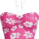 Women's Floral Print Halter Top Sweetheart Neck Ruched Tie Back Slim Fit Crop Tops (Pink, L)