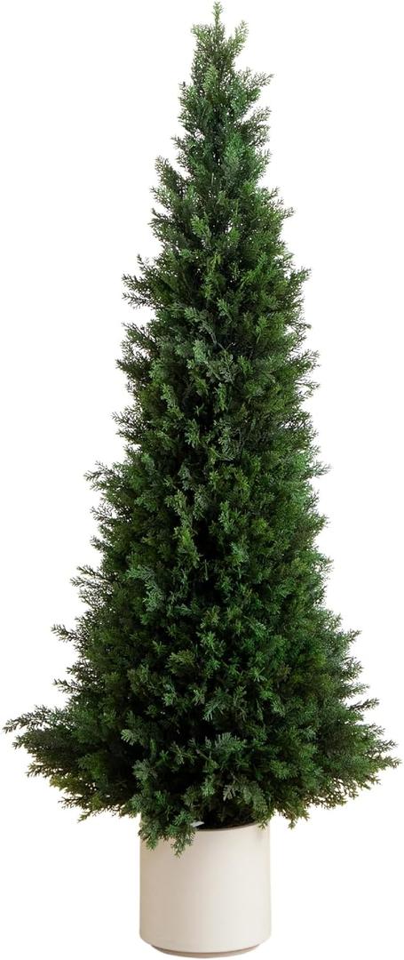 Nearly Natural 5-FT Artificial Cedar Tree, Indoor/Outdoor UV Resistant Faux Cedar Tree in Decorative White Planter for Front Porch Dcor