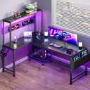 PRAISUN 51.2" L Shaped Gaming Desk with Power Outlets & USB-C Port, LED Lights, Computer Desk with Pegboard, Corner Desk with Storage Shelves & Bag, Office Desk with CPU Stand for Home Office, Black