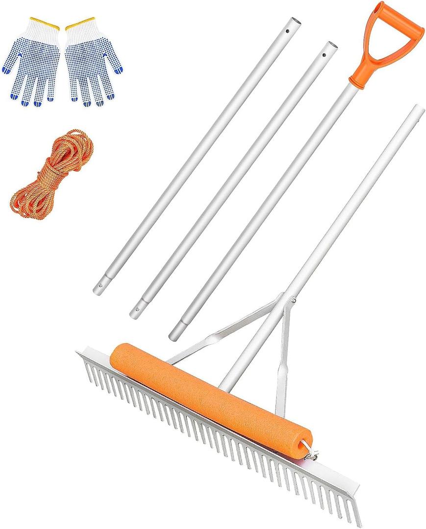 YORKING Floating Lake Rake, 36'' Aluminum Weed Rake with 11 Ft Handle Extension and 50 Ft Rope, Multifunctional with Gloves for Aquatic Plants, Pond Cleaning, Soil Loosening, Lawn Care