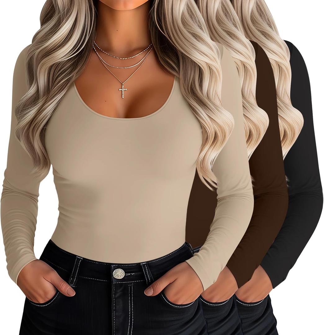 Riyiper 3 Pack Women's Scoop Neck Tops Long Sleeve Slim Fitted Shirts Casual Basic Tunic Fall Trendy Y2k Tight Tees (Apricot, Brown, Black), Small