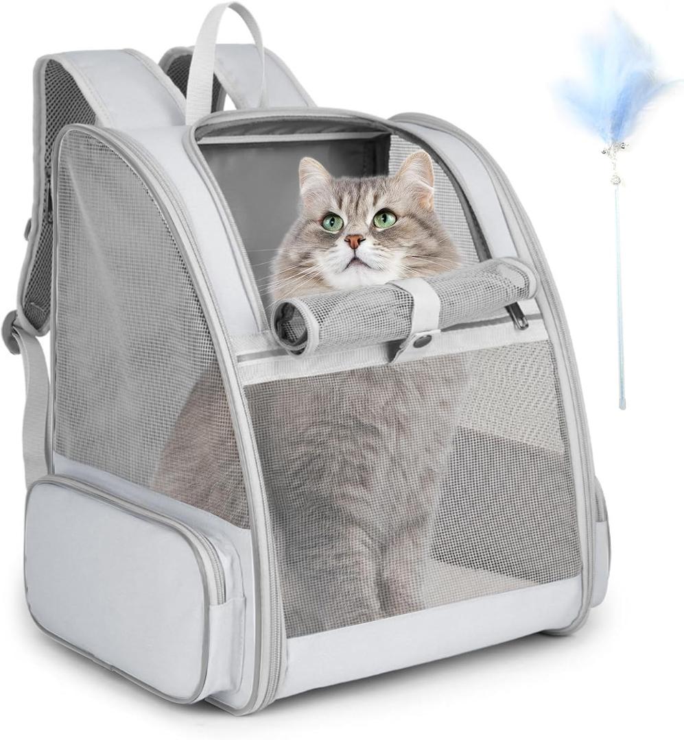 Cat Backpack Carrier, Large Pet Carrier Backpack with Kitten Wand Feather Toy for Medium Small Dog Cat Puppy Kitty Bunny up to 15lbs, Ventilated Mesh Kitten Bookbag for Travel Walking Outdoor (Grey)