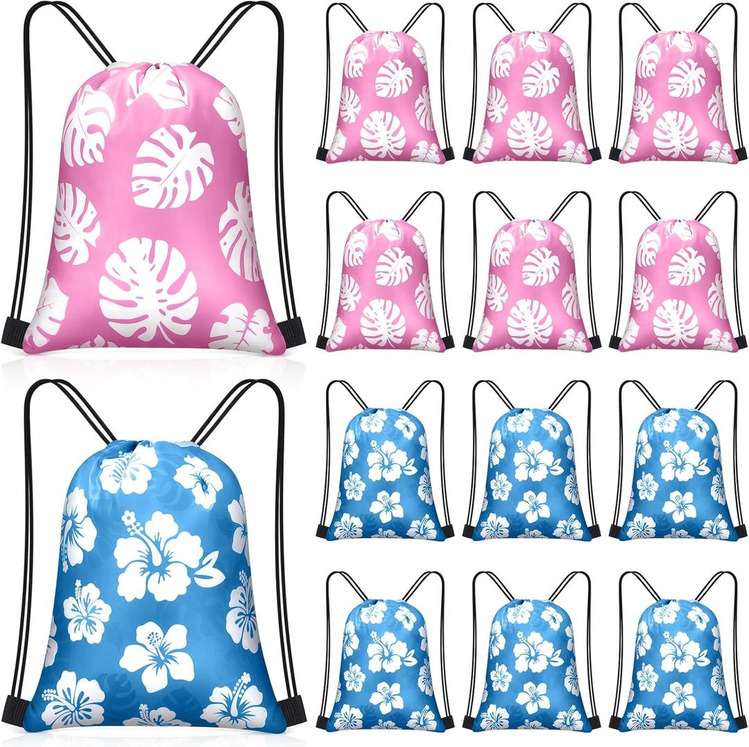 Yiyiring 16 Pcs Hawaiian Drawstring Bags Bulk 12 x 10 Inch Hibiscus Party Favors Bags Hawaii Themed Party Favors Decor for Kids Birthday Baby Shower Summer Holiday Supplies(Classic Hibiscus) (Pink Blue)