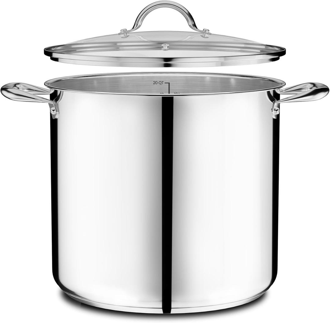 Stainless Steel Stockpot with Tempered Glass Lid 20 Quart, Durable 18/0 Stainless Steel, Impact-Bonded Base for Even Heating, Riveted Handles, Oven & All Stove Compatible, Safe Up To 500F (260C)