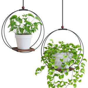 Hanging Planters for Indoor Plants: Macrame Plant Hanger with Sturdy Wood Base, Wall Ceiling Window Decor for Home Garden Patio Office, Housewarming Gift (Pot/Plant Not Included) (2 Pack)