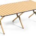 2026 Upgraded Low Roll-Up Travel Table for Beach, Camping & Picnic – Aluminum Frame, Wood-Look Slat Top, 18 in High, Folds into Carry Bag, 47 x 23 x 18 inches