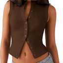 Womens Ribbed Tank Top Summer Sleeveless Button Down T Shirts Going Out Tops Cute Trendy Work Vest Casual Y2K Crop Top (Brown, S)