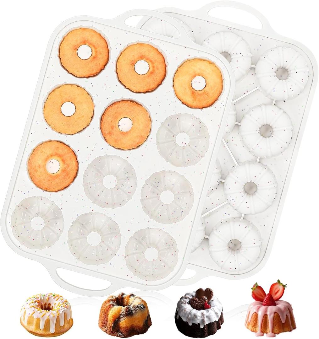 Vinino 2 Pcs Silicone Mini Fluted Tube Cake Pans with Metal Reinforced Frame, 12-Cavity Mini Flan Molds, Non-stick Cupcakes Pans for Baking, Donuts, Muffins, Cornbread, Brownies, Jellies