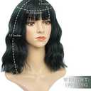 Black Green Wig with Bangs for Women Short Wavy Bob Wig Cosplay Wig Synthetic Wigs Halloween Wigs (12 Inch)