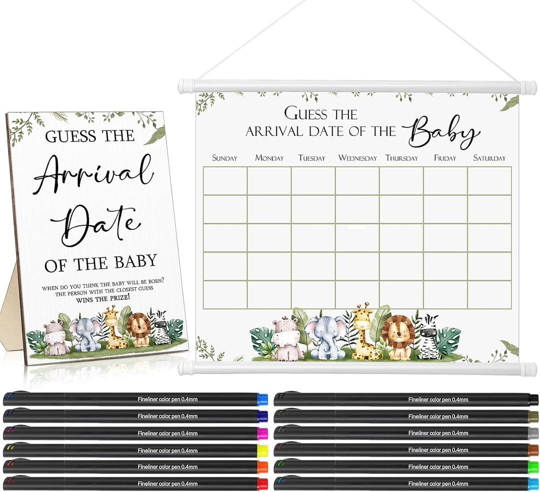 Sintuff Guess Baby Due Date Calendar Include 1 Pcs Guess The Arrival Date of The Baby Shower Wooden Sign 1 Prediction Calendar 12 Fineliner Colored Pens Game Party Favor(Safari)