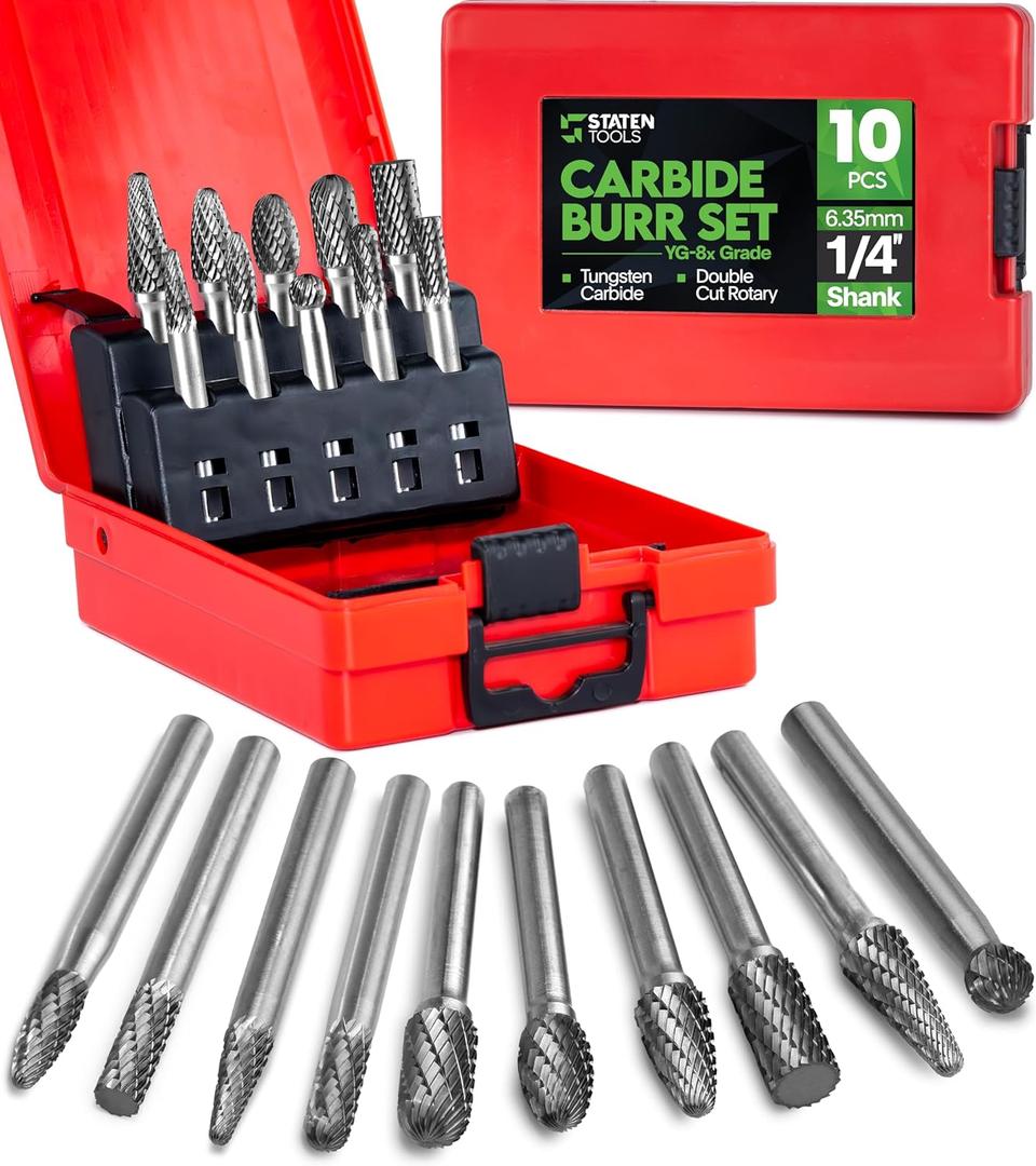 Carbide Burr Set 1/ 4" (6.35mm) Shank – 10 Pcs Double Cut Die Grinder Bits for Milling, Carving, Engraving, Deburring, Drilling, Hard Wood and Metals – Tungsten Carbide Drill Bit Set for Rotary Tools