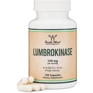 Lumbrokinase Enzymes Supplement - 120 Capsules (Max Activity 10,000 FU/Gram) 150mg per Serving (No Fillers, Non-GMO, Gluten Free) for Cardiovascular and Blood Circulation Support by Double Wood, 01/2027