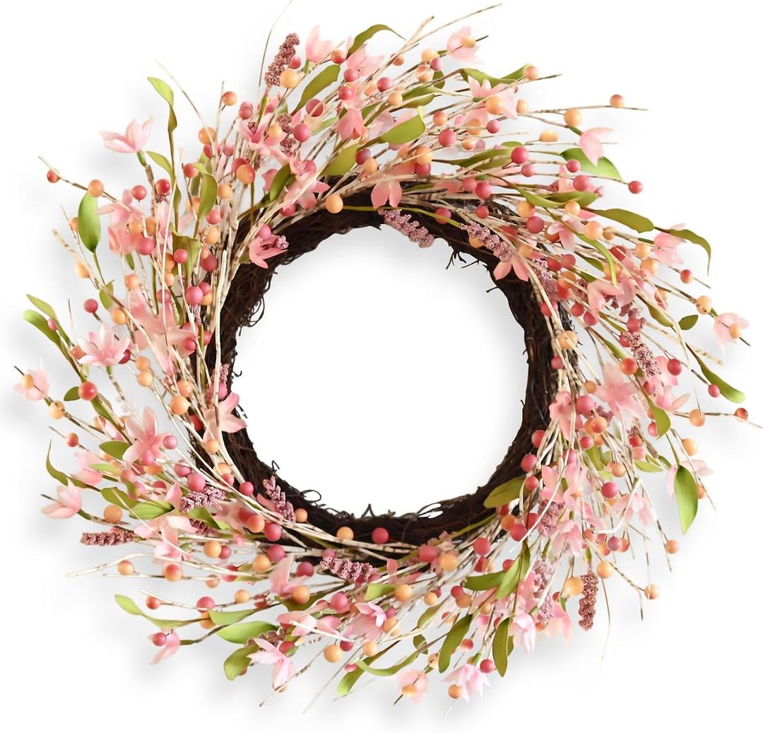 Spring Summer Wreath for Front Door 22 Inch Pink | Artificial Forsythia Blossom Floral with Berrie Reusable Wreath with Grapevine for Farmhouse Decor Easter Wedding Mothers Day
