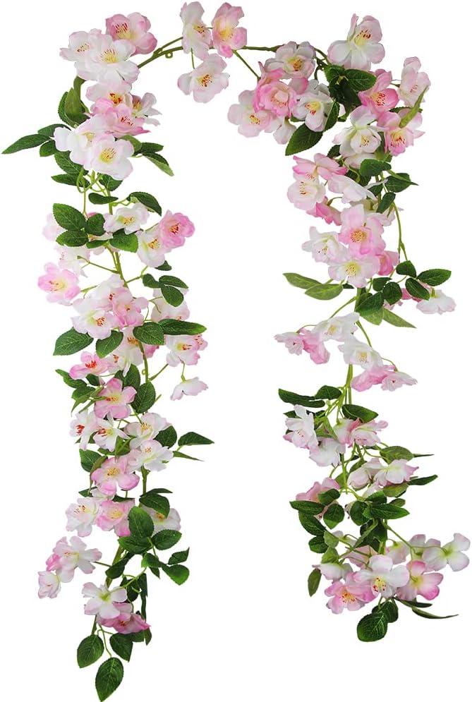 CISDUEO Artificial Cherry Blossom Flower Vine Pink Hanging Cherry Blossom Flower Silk Garland Hanging Vines Faux Flowers for Outdoors Spring Wedding Party Home Table Centerpiece Arrangement Decor