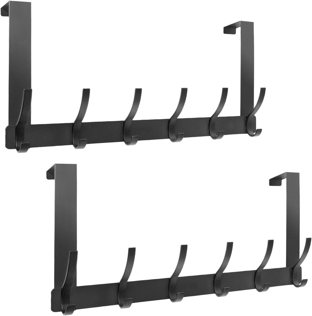 2 Pack Over The Door HookDoor Hanger for HangingOver Door Hanger Holder for Coat Robe Hat Clothe Towels Towel Racks for Bathroom with 12 Coat Hooks (Black, 2 Pack-6 Hooks)