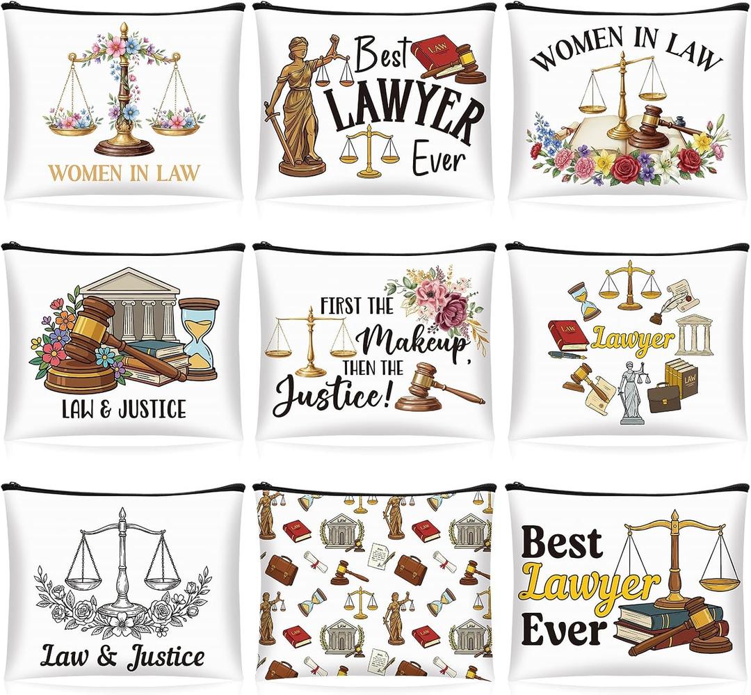 2 x Tallew 9 Pack Lawyer Themed Makeup Bags Set Lawyer Gifts for Women 9 Unique Designs Canvas Cosmetic Bags Gift for Law Graduation Retirement Travel Pouch Organizer Accessories